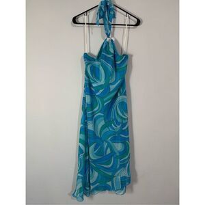 Abstract Retro Blue Swirl Halter Midi Dress Rabbit Rabbit Rabbit 12
